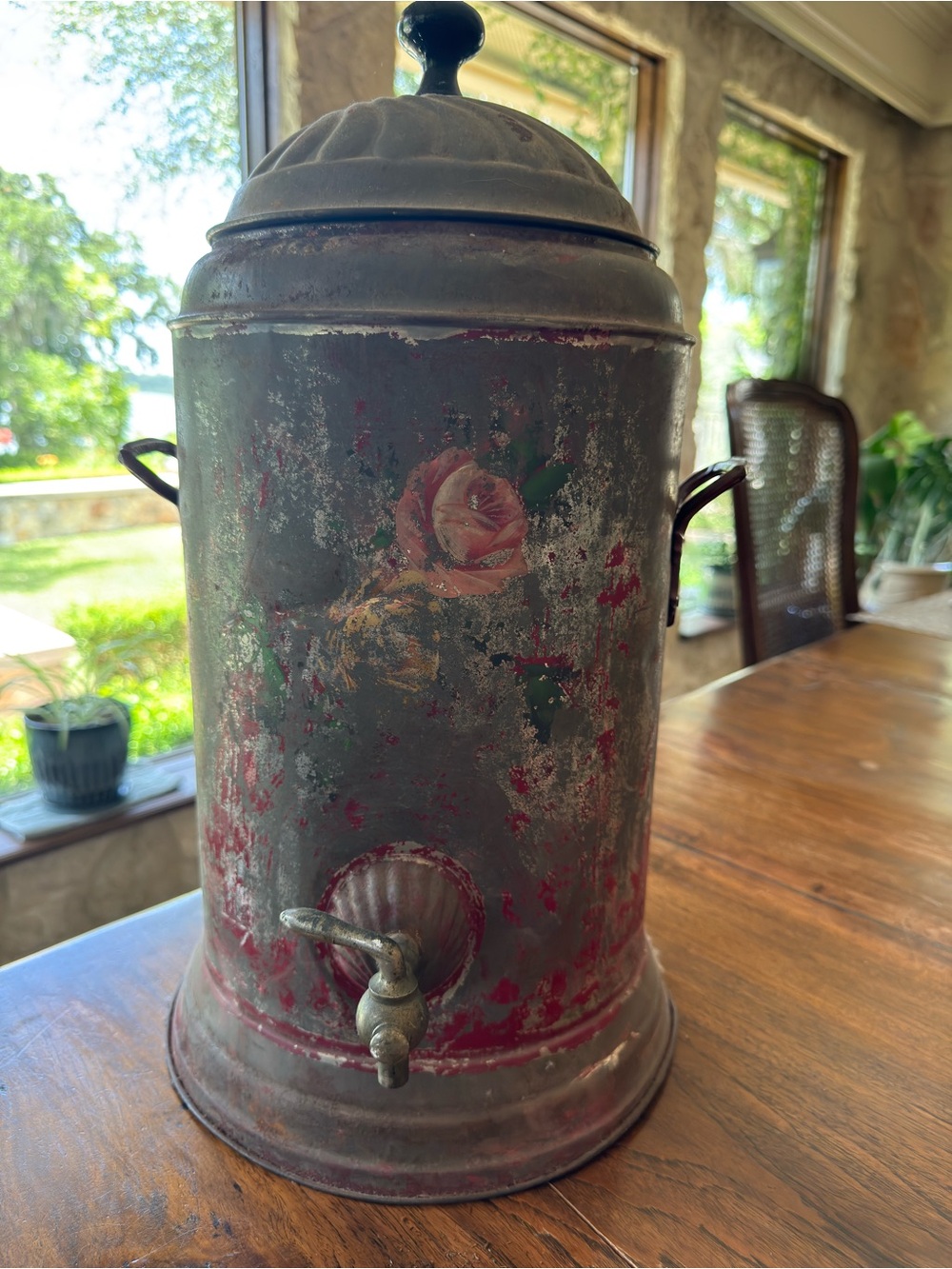 Antique Primitive Water Cooler with Hand Painted Roses Farmhouse Cottage Decor
